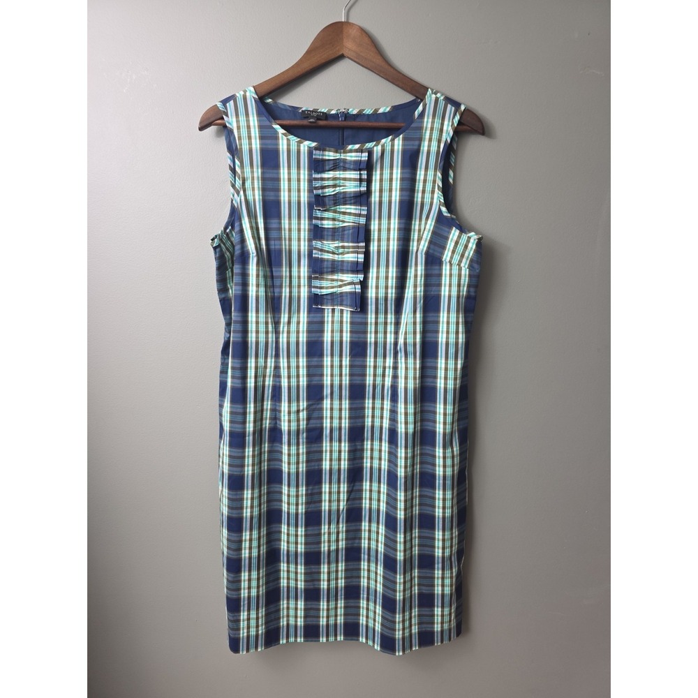 Talbots Tartan Plaid Dress Women's 12P Blue Green Ruffle Front Sleeveless Lined